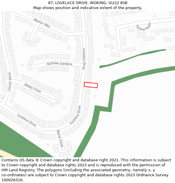 87, LOVELACE DRIVE, WOKING, GU22 8SB: Location map and indicative extent of plot