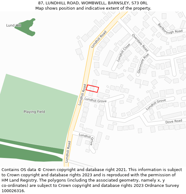87, LUNDHILL ROAD, WOMBWELL, BARNSLEY, S73 0RL: Location map and indicative extent of plot