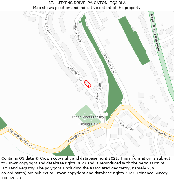 87, LUTYENS DRIVE, PAIGNTON, TQ3 3LA: Location map and indicative extent of plot