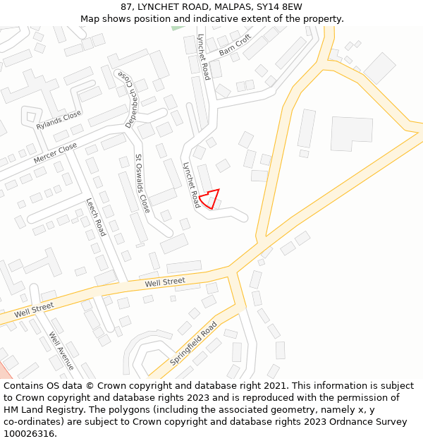 87, LYNCHET ROAD, MALPAS, SY14 8EW: Location map and indicative extent of plot