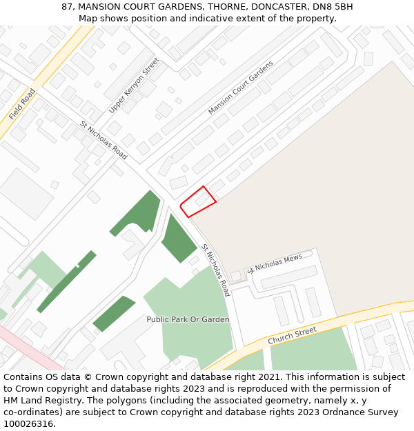 87, MANSION COURT GARDENS, THORNE, DONCASTER, DN8 5BH: Location map and indicative extent of plot