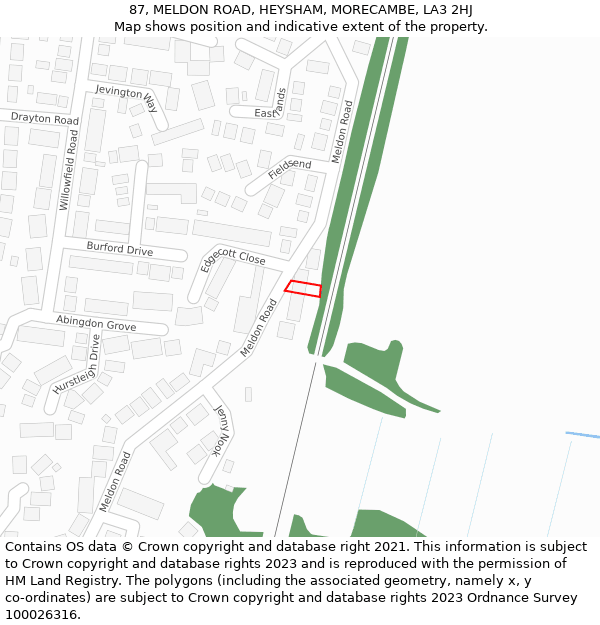 87, MELDON ROAD, HEYSHAM, MORECAMBE, LA3 2HJ: Location map and indicative extent of plot