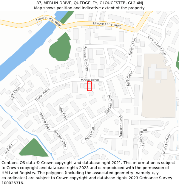 87, MERLIN DRIVE, QUEDGELEY, GLOUCESTER, GL2 4NJ: Location map and indicative extent of plot