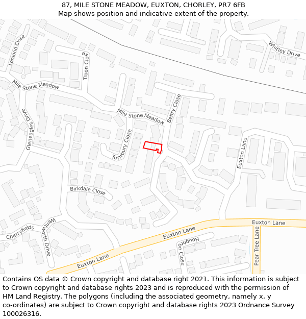 87, MILE STONE MEADOW, EUXTON, CHORLEY, PR7 6FB: Location map and indicative extent of plot