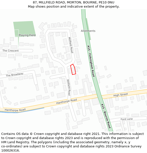 87, MILLFIELD ROAD, MORTON, BOURNE, PE10 0NU: Location map and indicative extent of plot