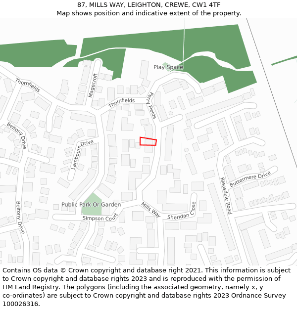 87, MILLS WAY, LEIGHTON, CREWE, CW1 4TF: Location map and indicative extent of plot