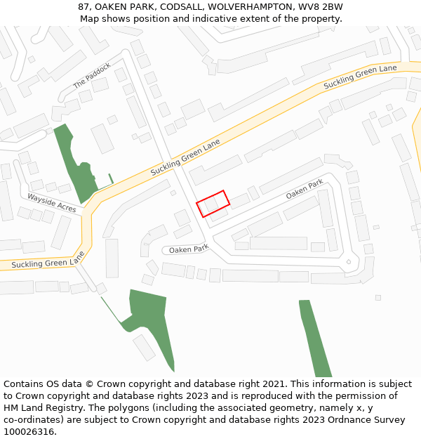 87, OAKEN PARK, CODSALL, WOLVERHAMPTON, WV8 2BW: Location map and indicative extent of plot