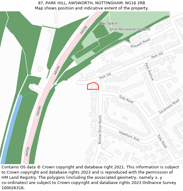 87, PARK HILL, AWSWORTH, NOTTINGHAM, NG16 2RB: Location map and indicative extent of plot