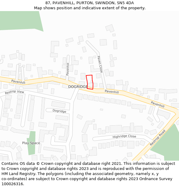 87, PAVENHILL, PURTON, SWINDON, SN5 4DA: Location map and indicative extent of plot