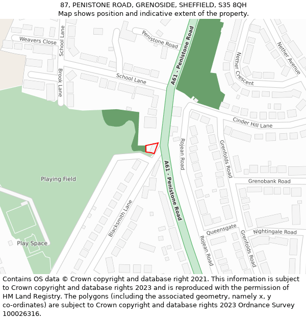 87, PENISTONE ROAD, GRENOSIDE, SHEFFIELD, S35 8QH: Location map and indicative extent of plot