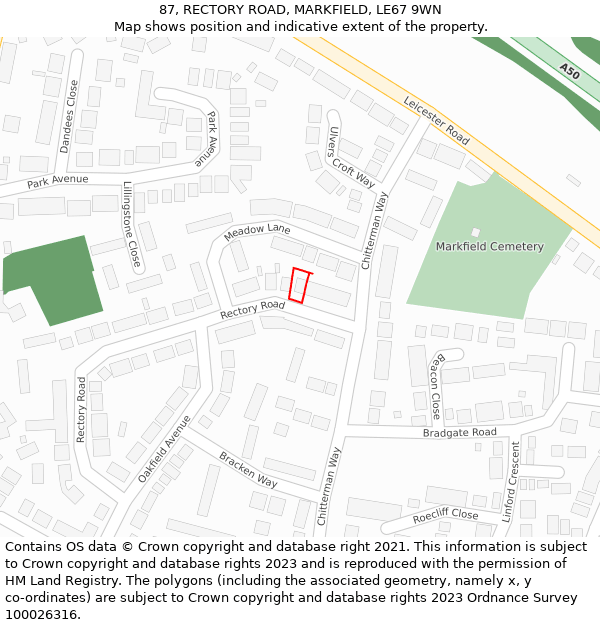 87, RECTORY ROAD, MARKFIELD, LE67 9WN: Location map and indicative extent of plot