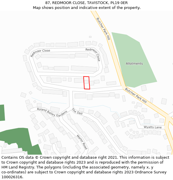 87, REDMOOR CLOSE, TAVISTOCK, PL19 0ER: Location map and indicative extent of plot