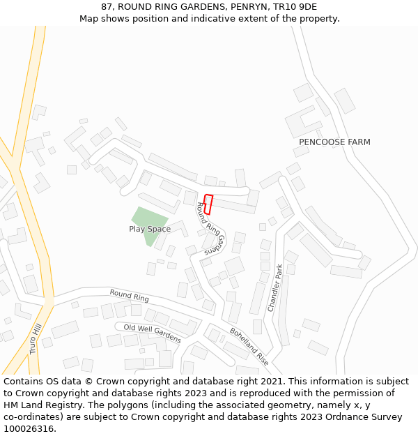 87, ROUND RING GARDENS, PENRYN, TR10 9DE: Location map and indicative extent of plot