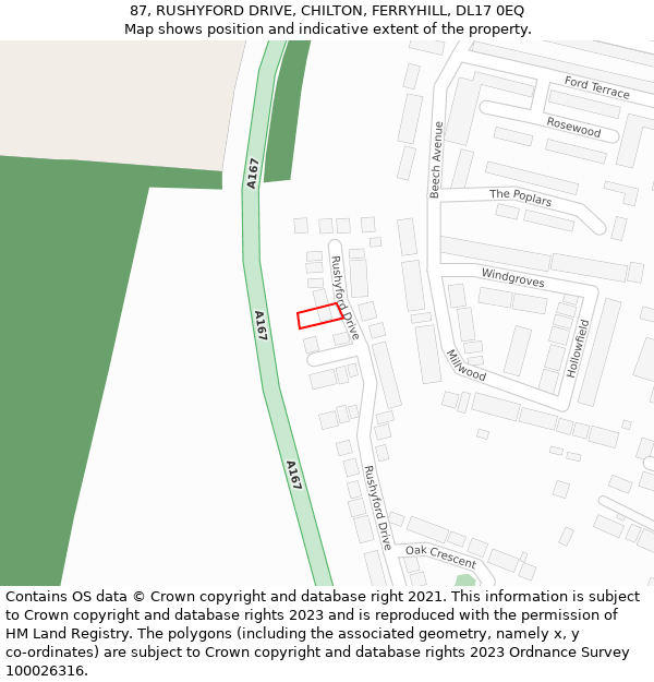 87, RUSHYFORD DRIVE, CHILTON, FERRYHILL, DL17 0EQ: Location map and indicative extent of plot