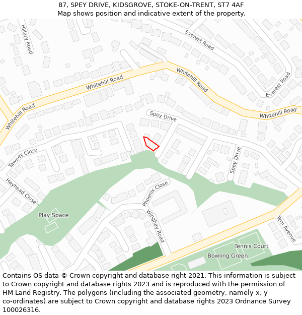 87, SPEY DRIVE, KIDSGROVE, STOKE-ON-TRENT, ST7 4AF: Location map and indicative extent of plot