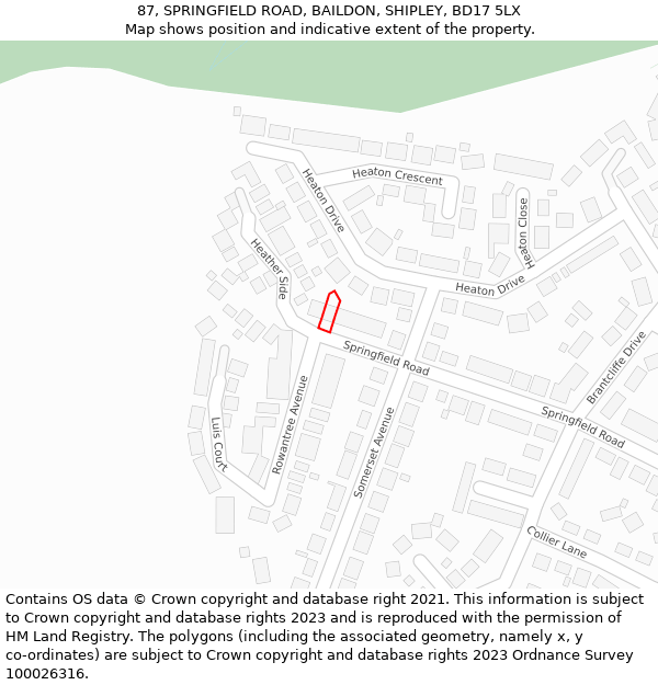 87, SPRINGFIELD ROAD, BAILDON, SHIPLEY, BD17 5LX: Location map and indicative extent of plot