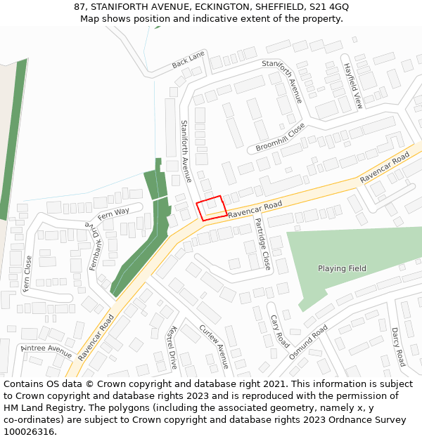 87, STANIFORTH AVENUE, ECKINGTON, SHEFFIELD, S21 4GQ: Location map and indicative extent of plot