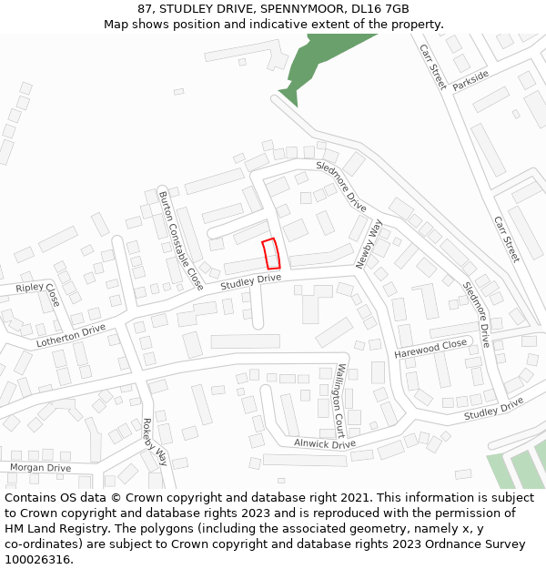 87, STUDLEY DRIVE, SPENNYMOOR, DL16 7GB: Location map and indicative extent of plot