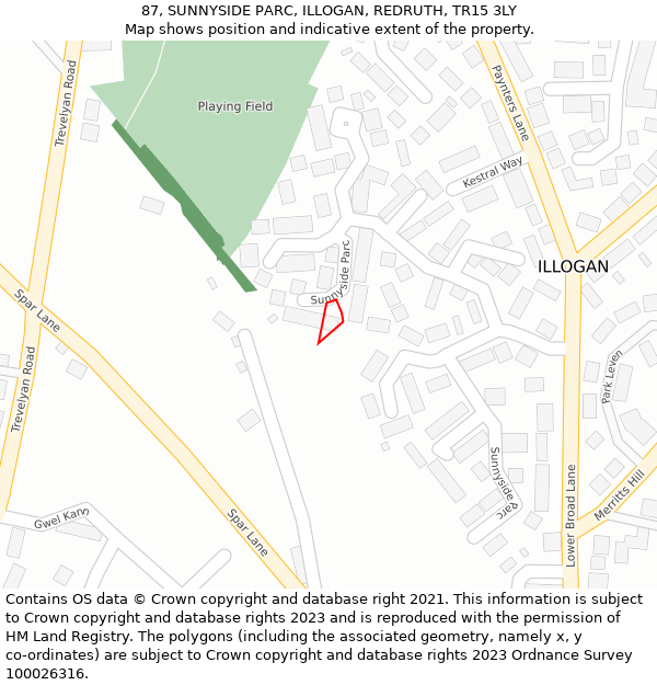 87, SUNNYSIDE PARC, ILLOGAN, REDRUTH, TR15 3LY: Location map and indicative extent of plot