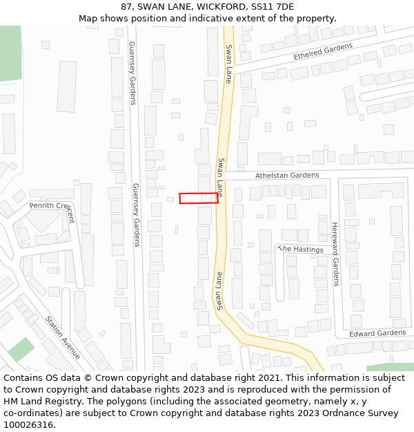 87, SWAN LANE, WICKFORD, SS11 7DE: Location map and indicative extent of plot