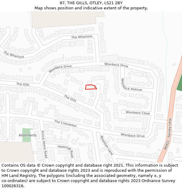 87, THE GILLS, OTLEY, LS21 2BY: Location map and indicative extent of plot