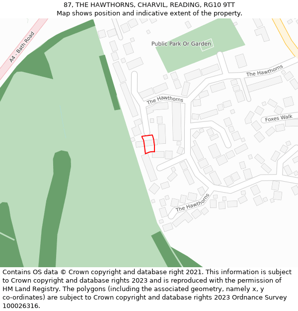 87, THE HAWTHORNS, CHARVIL, READING, RG10 9TT: Location map and indicative extent of plot