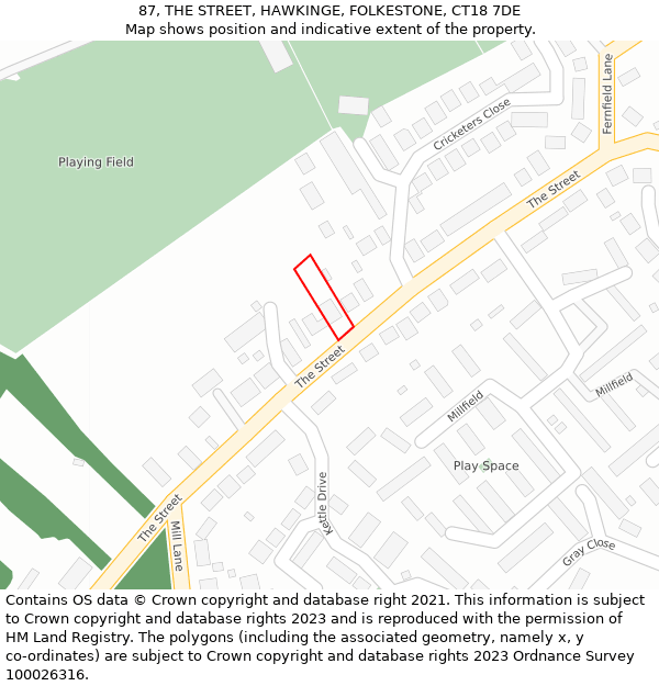 87, THE STREET, HAWKINGE, FOLKESTONE, CT18 7DE: Location map and indicative extent of plot