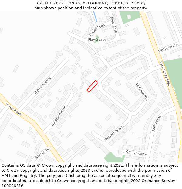 87, THE WOODLANDS, MELBOURNE, DERBY, DE73 8DQ: Location map and indicative extent of plot