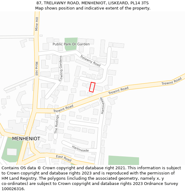 87, TRELAWNY ROAD, MENHENIOT, LISKEARD, PL14 3TS: Location map and indicative extent of plot