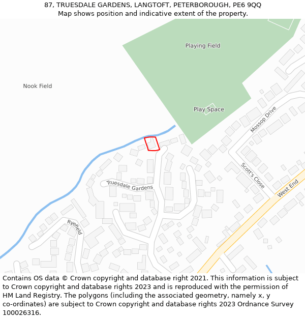 87, TRUESDALE GARDENS, LANGTOFT, PETERBOROUGH, PE6 9QQ: Location map and indicative extent of plot