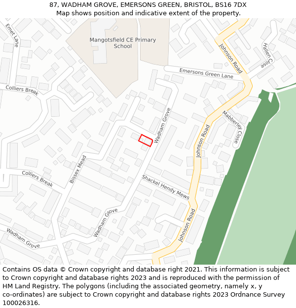 87, WADHAM GROVE, EMERSONS GREEN, BRISTOL, BS16 7DX: Location map and indicative extent of plot