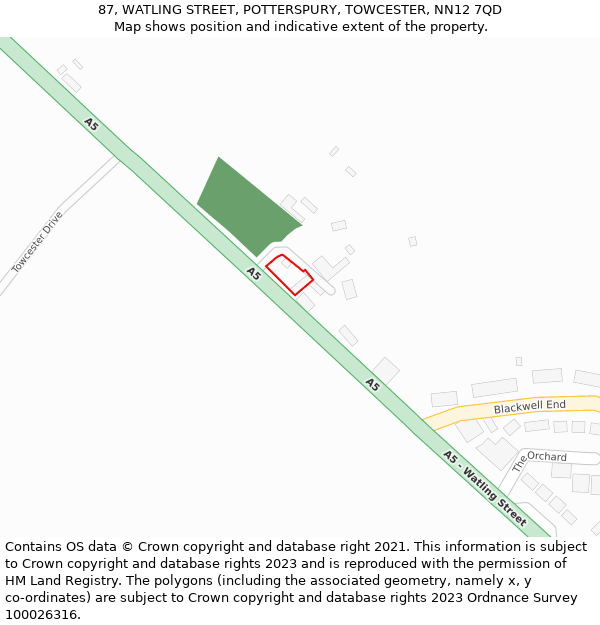 87, WATLING STREET, POTTERSPURY, TOWCESTER, NN12 7QD: Location map and indicative extent of plot