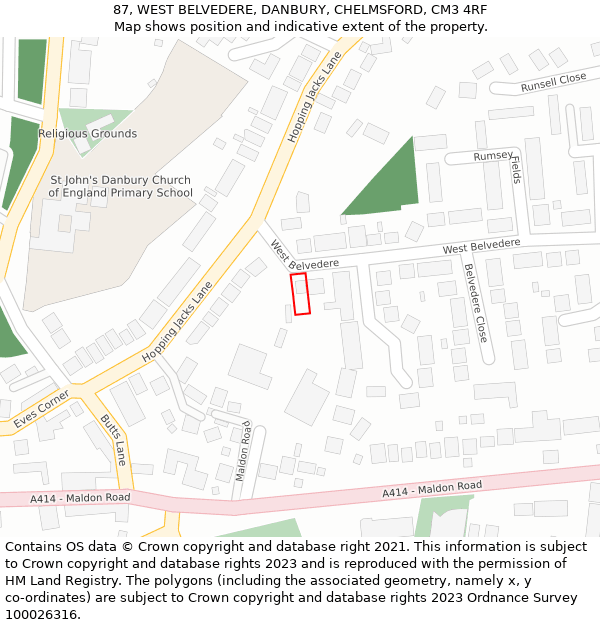 87, WEST BELVEDERE, DANBURY, CHELMSFORD, CM3 4RF: Location map and indicative extent of plot