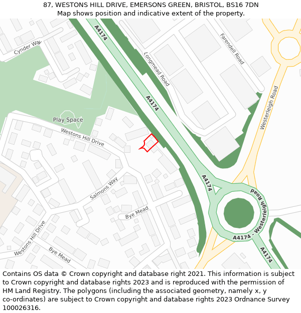 87, WESTONS HILL DRIVE, EMERSONS GREEN, BRISTOL, BS16 7DN: Location map and indicative extent of plot