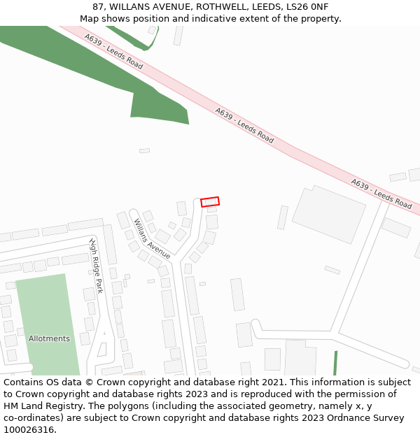 87, WILLANS AVENUE, ROTHWELL, LEEDS, LS26 0NF: Location map and indicative extent of plot