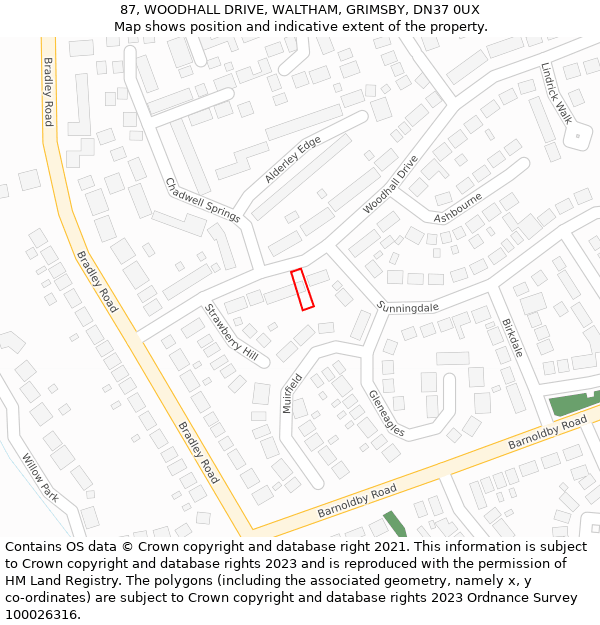 87, WOODHALL DRIVE, WALTHAM, GRIMSBY, DN37 0UX: Location map and indicative extent of plot