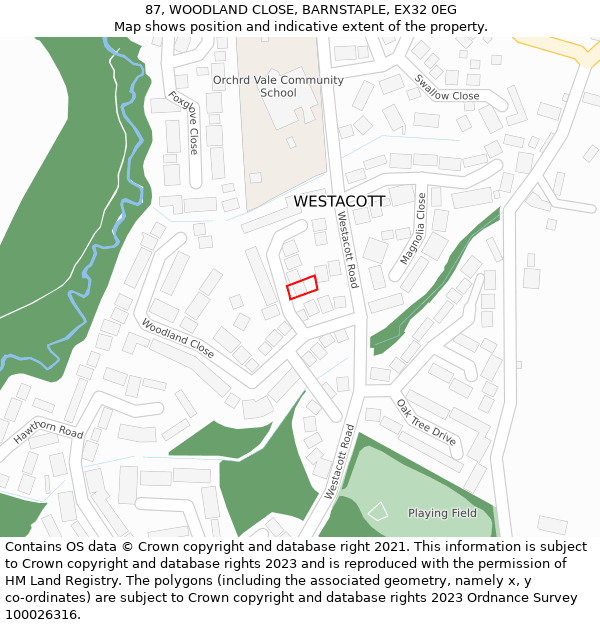 87, WOODLAND CLOSE, BARNSTAPLE, EX32 0EG: Location map and indicative extent of plot