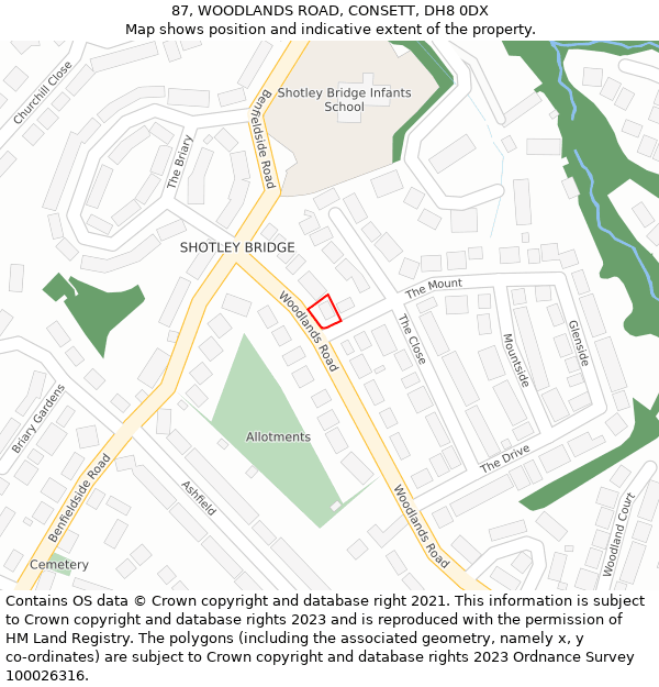 87, WOODLANDS ROAD, CONSETT, DH8 0DX: Location map and indicative extent of plot