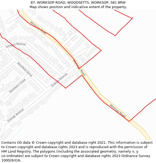 87, WORKSOP ROAD, WOODSETTS, WORKSOP, S81 8RW: Location map and indicative extent of plot