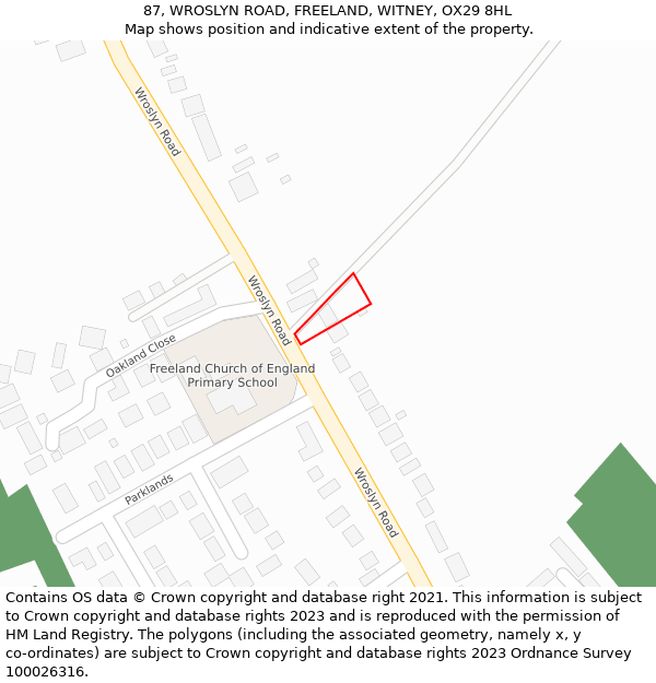 87, WROSLYN ROAD, FREELAND, WITNEY, OX29 8HL: Location map and indicative extent of plot