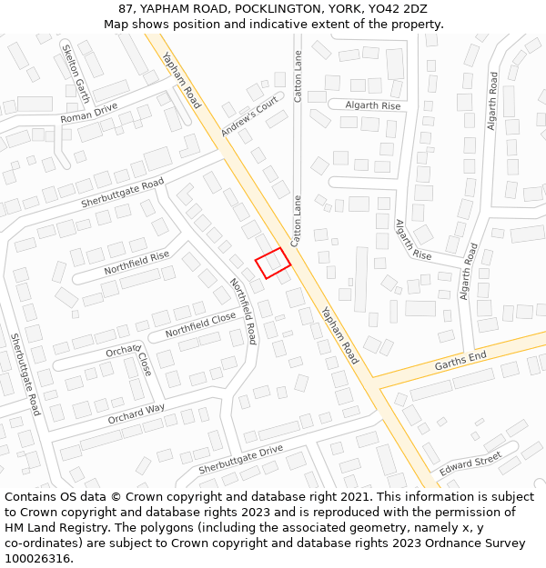 87, YAPHAM ROAD, POCKLINGTON, YORK, YO42 2DZ: Location map and indicative extent of plot