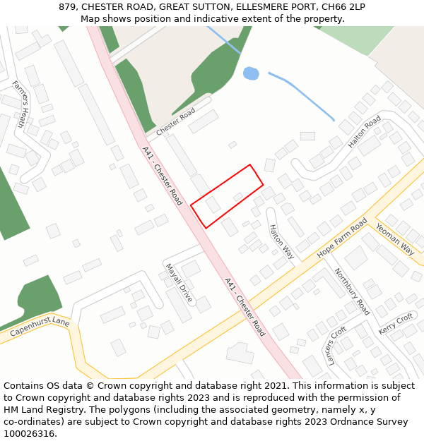 879, CHESTER ROAD, GREAT SUTTON, ELLESMERE PORT, CH66 2LP: Location map and indicative extent of plot