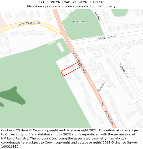 87A, BIDSTON ROAD, PRENTON, CH43 6TS: Location map and indicative extent of plot