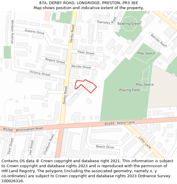 87A, DERBY ROAD, LONGRIDGE, PRESTON, PR3 3EE: Location map and indicative extent of plot