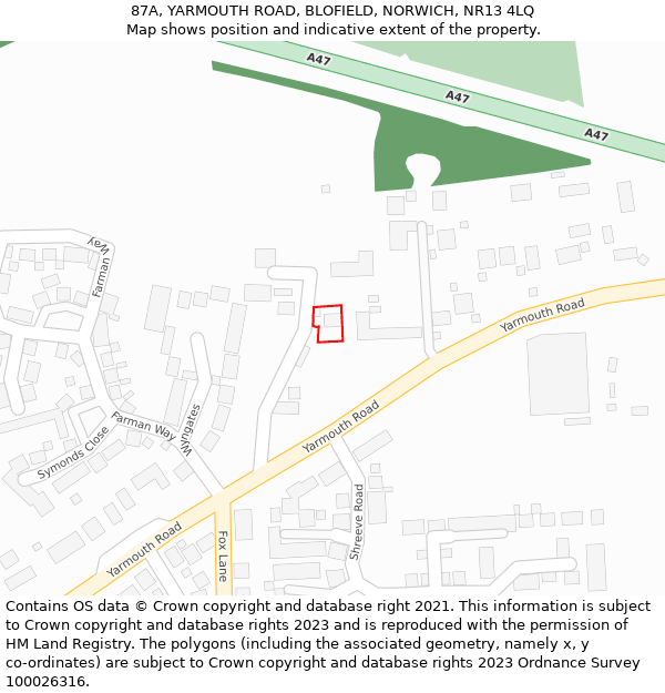 87A, YARMOUTH ROAD, BLOFIELD, NORWICH, NR13 4LQ: Location map and indicative extent of plot
