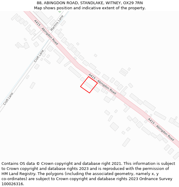 88, ABINGDON ROAD, STANDLAKE, WITNEY, OX29 7RN: Location map and indicative extent of plot