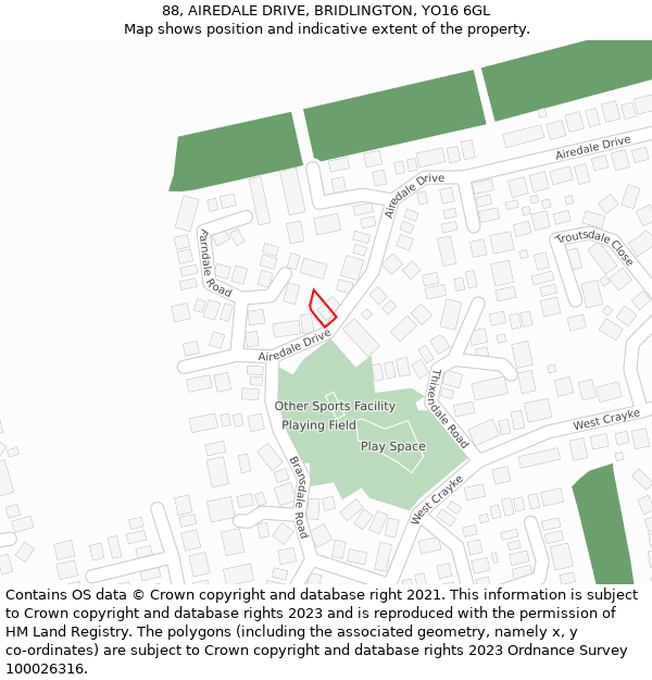 88, AIREDALE DRIVE, BRIDLINGTON, YO16 6GL: Location map and indicative extent of plot