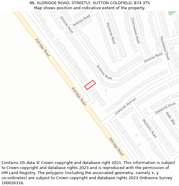 88, ALDRIDGE ROAD, STREETLY, SUTTON COLDFIELD, B74 3TS: Location map and indicative extent of plot