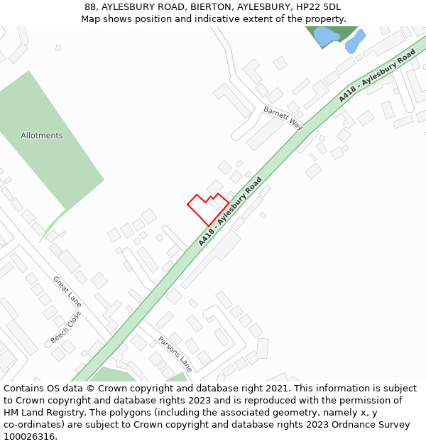 88, AYLESBURY ROAD, BIERTON, AYLESBURY, HP22 5DL: Location map and indicative extent of plot