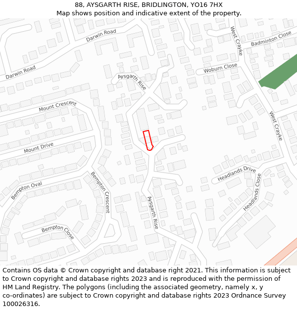 88, AYSGARTH RISE, BRIDLINGTON, YO16 7HX: Location map and indicative extent of plot